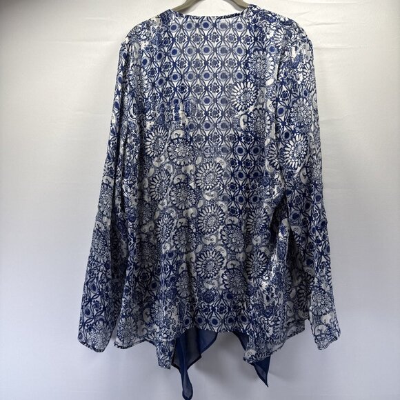 Susan Graver Women's Cardigan Open Large Blue White Paisley Long Sleeve Light - Picture 5 of 8